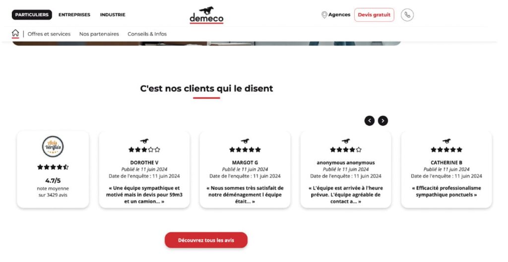 Le transporteur Demeco - avis clients - page d’accueil - rassurer les clients potentiels - abandon panier