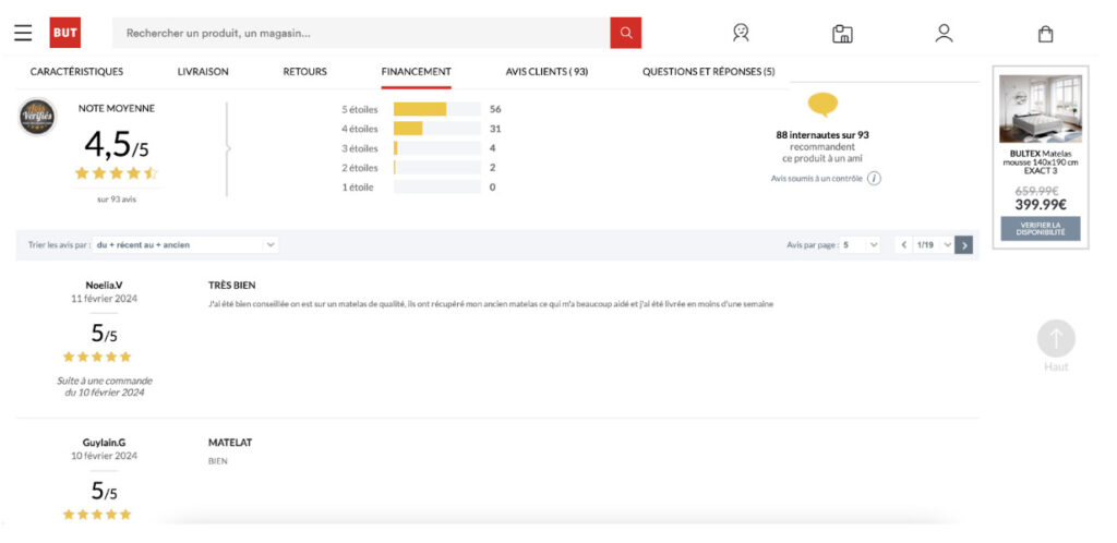 BUT - avis clients vérifiés - pages produits - informer et rassurer les visiteurs - abandon panier