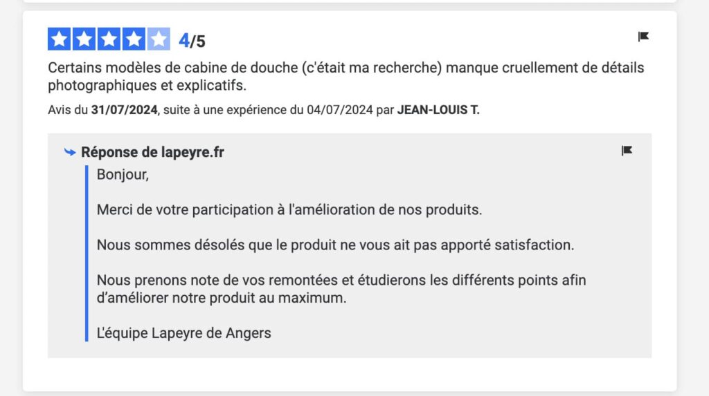 réponse avis client authentique - produit - marque Lapeyre - preuve sociale