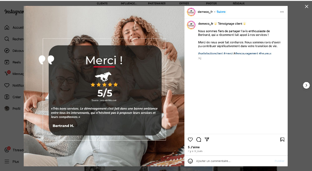présence digitale - avis clients - avis vérifiés - marque Demeco - Publication Instagram
