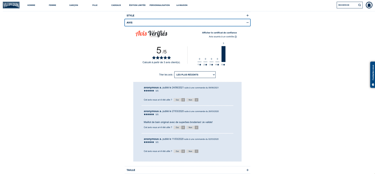 Exemple d’avis produits sur une page produit - marque Vilebrequin