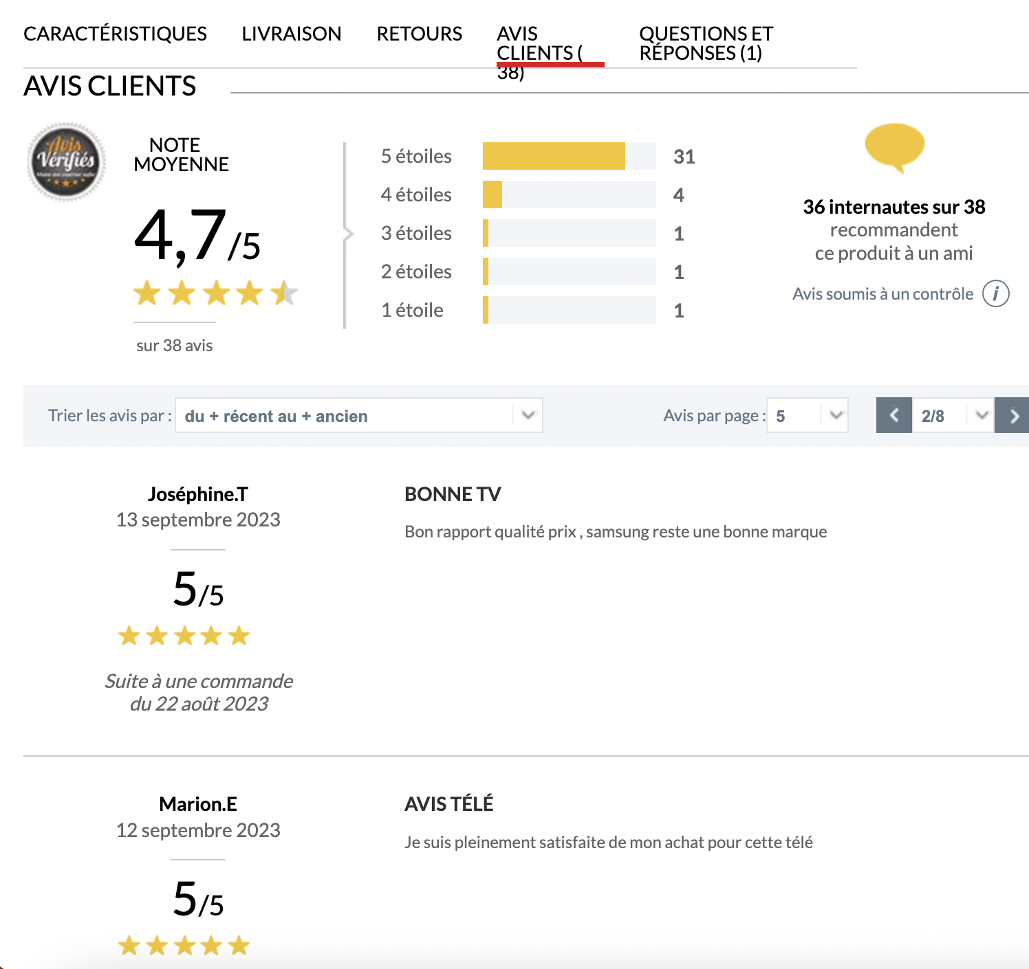 Avis clients - fiche produit - téléviseur Samsung 55” 138cm - site web BUT 