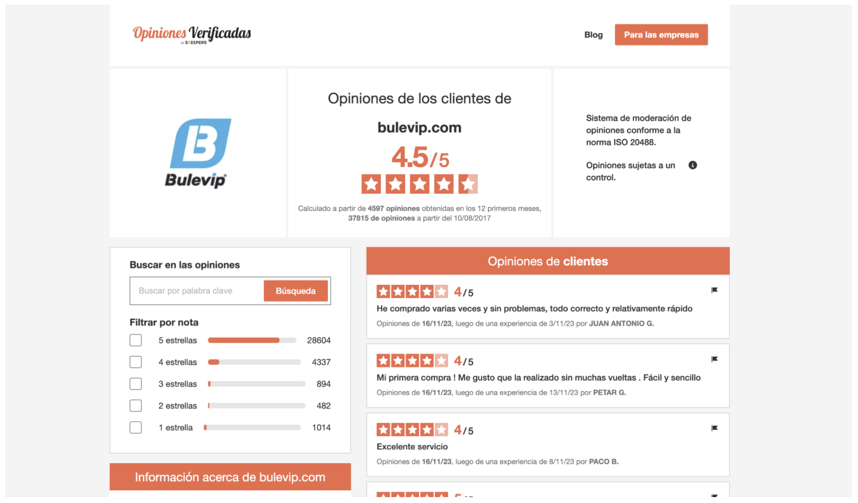 Página de opiniones de clientes de BuleVIP - UGC