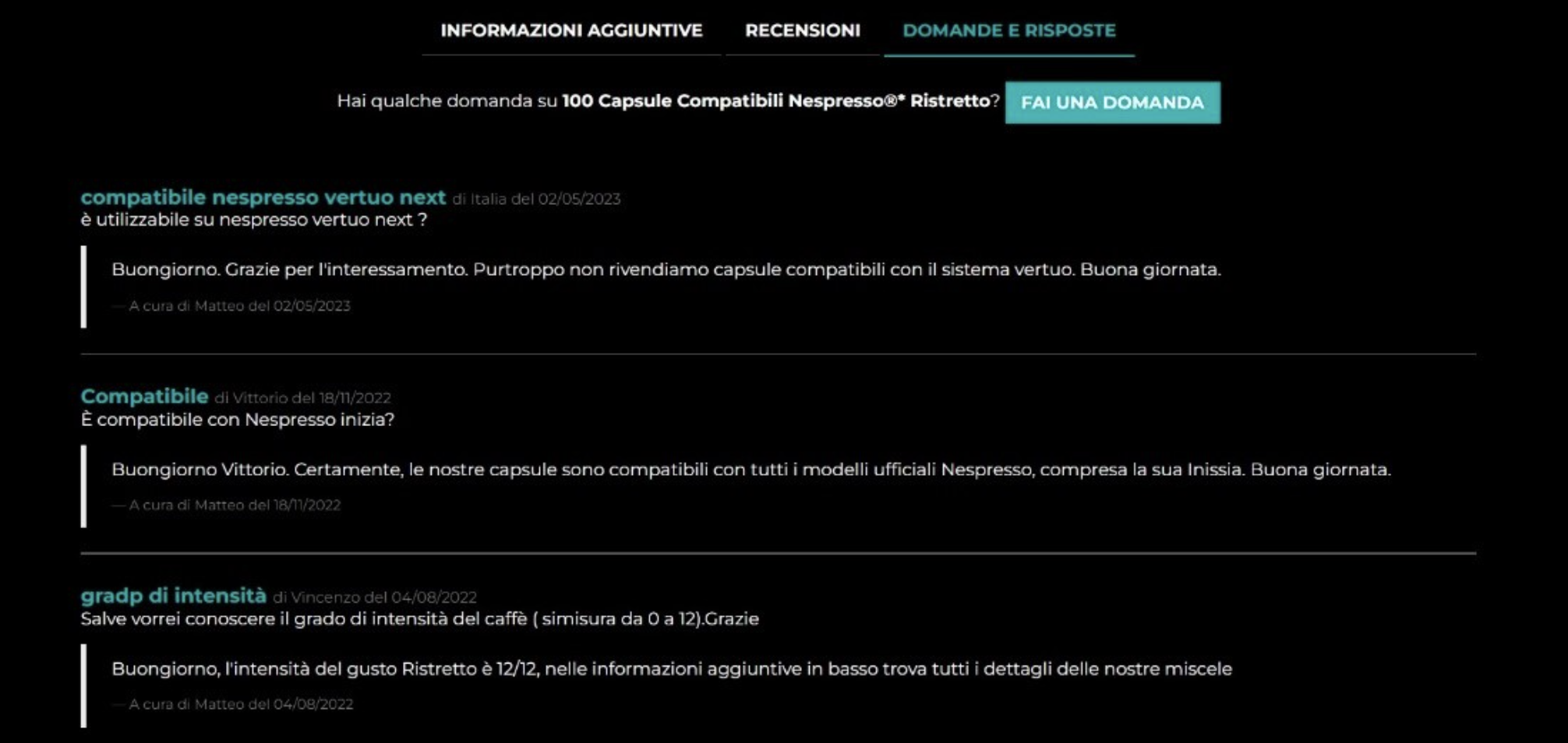 Esempio di integrazione del tool Q&A di Recensioni Verificate sul sito di NeroRistretto. 