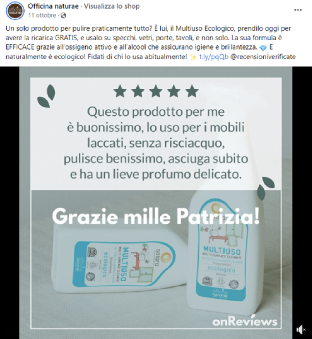 Esempio di recensione raccolta da Officina Naturae ripubblicata sui canali social del brand. 