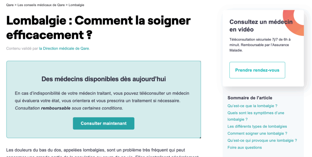 Page web du site Quare.fr sur comment soigner la lombalgie